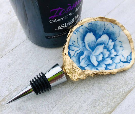 Oyster Wine Stopper--Blue And White Chinoiserie