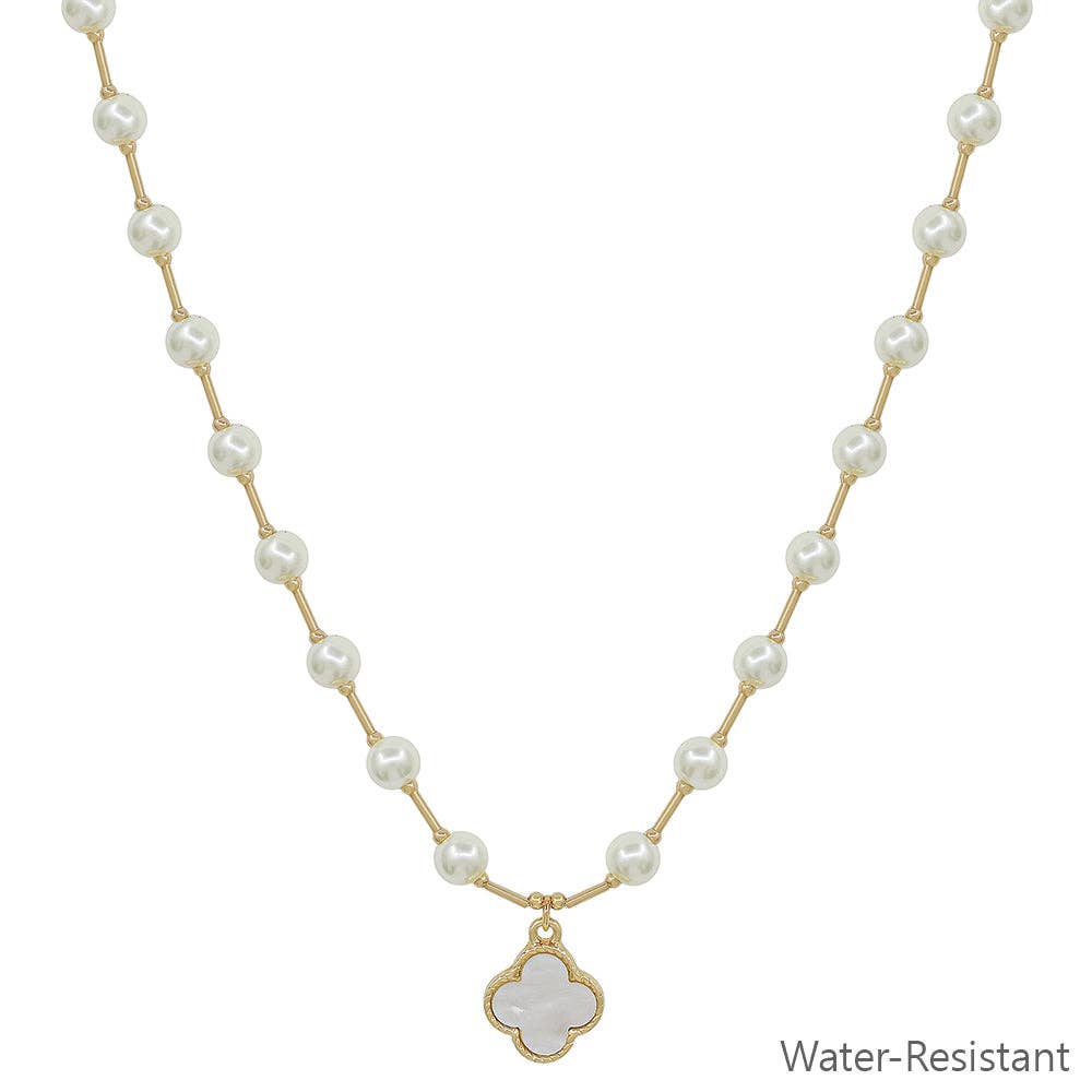 Water Resistant 6MM Pearl Beaded Chain with Clover 16"-18" Necklace
