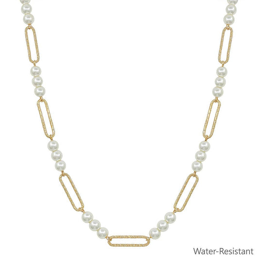 Water Resistant Pearl Beaded and Open Oval Chain 16"-18" Necklace