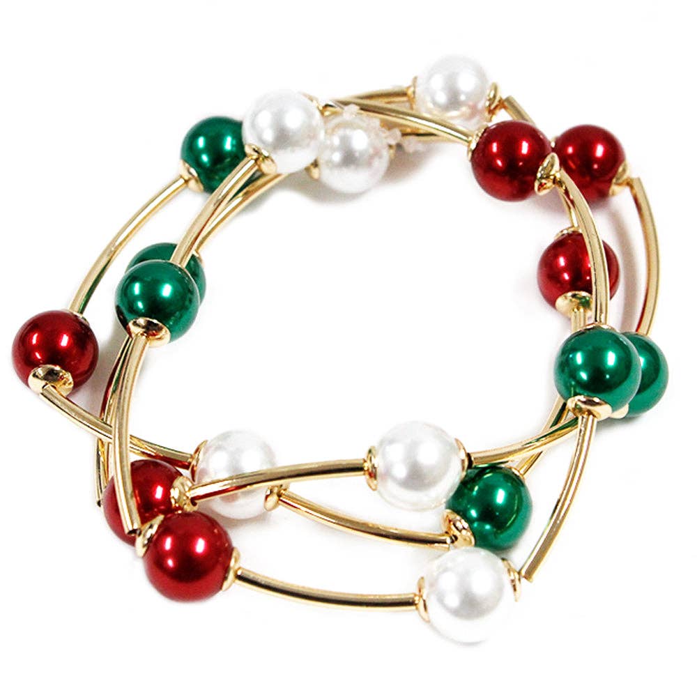Set of Three Red, White, Green Christmas Beaded Stretch Bracelets