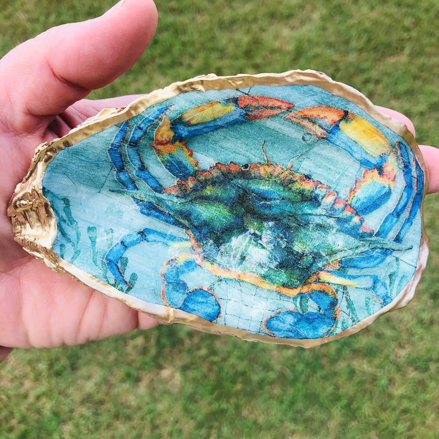 Decoupage Oyster Ring Dish--Blue Crab