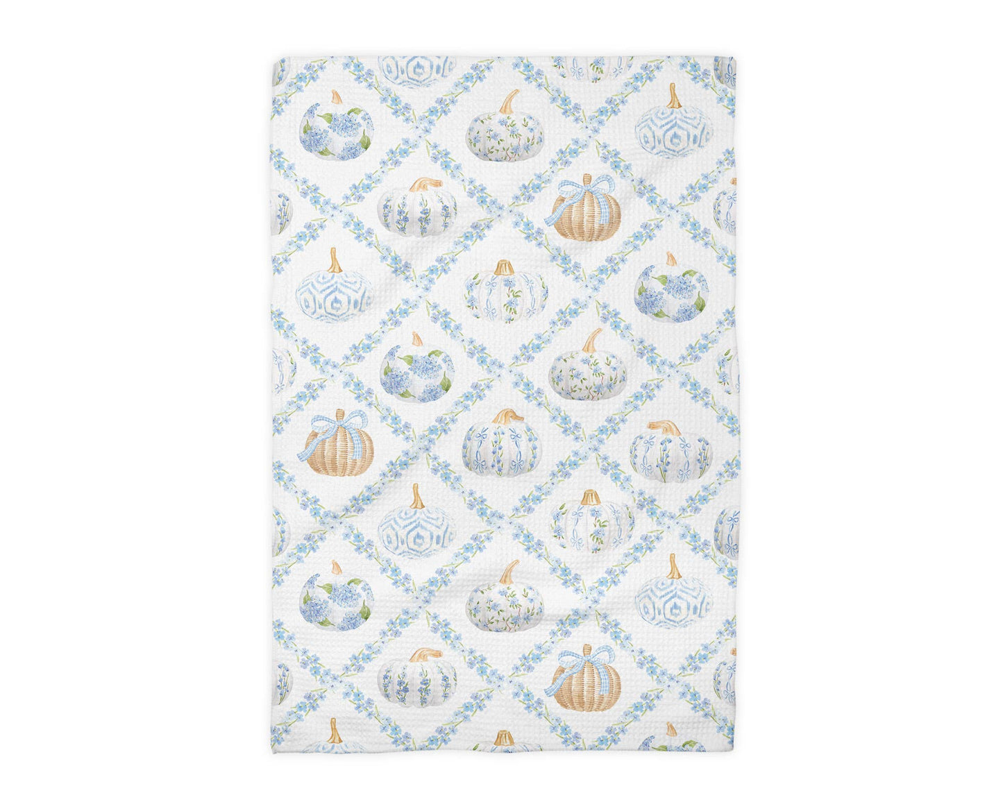 Blue Pumpkin Chinoiserie Fall Coastal Kitchen Towel Waffle