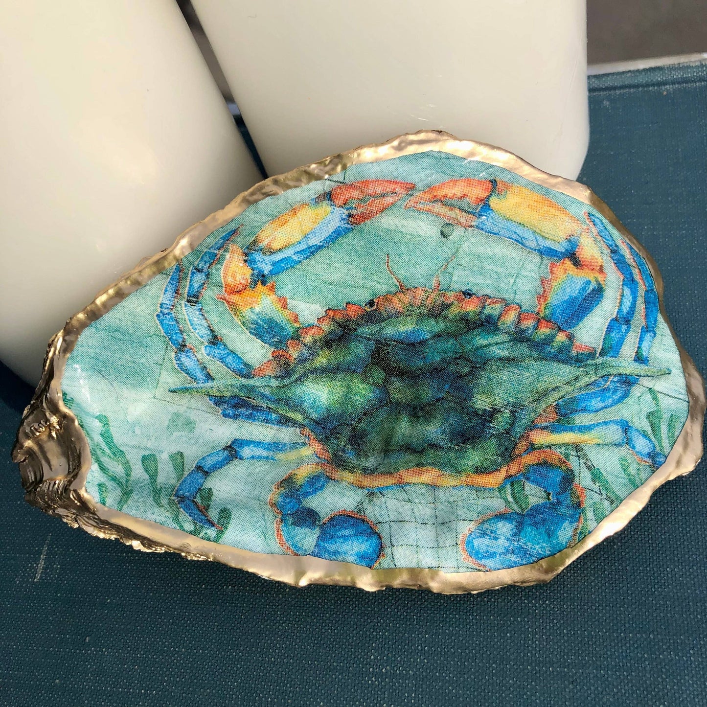 Decoupage Oyster Ring Dish--Blue Crab