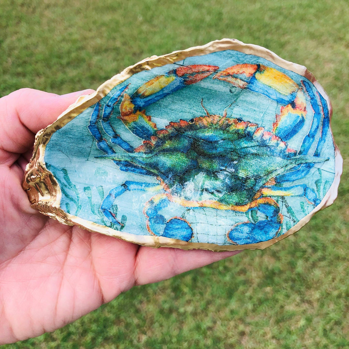 Decoupage Oyster Ring Dish--Blue Crab