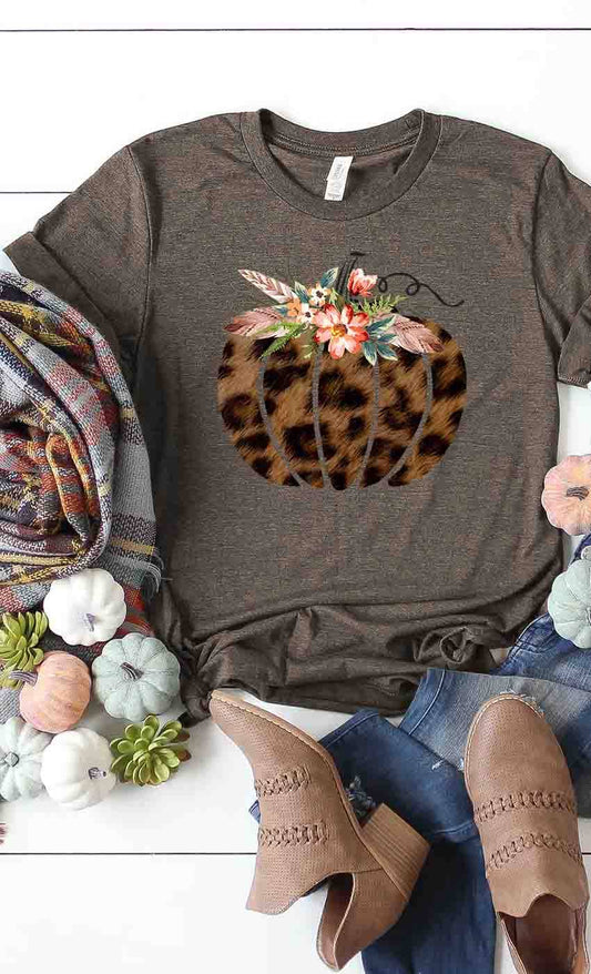 Leopard Floral Pumpkin Autumn Graphic Tee