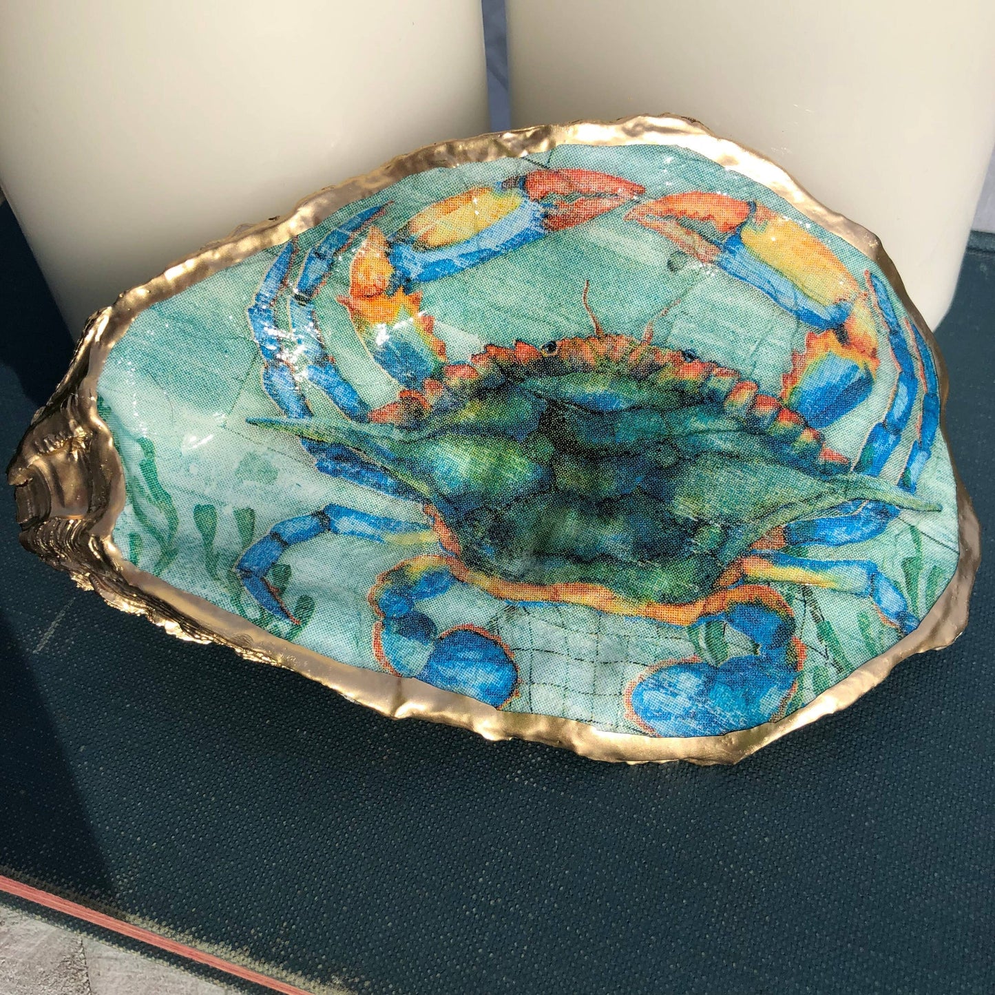 Decoupage Oyster Ring Dish--Blue Crab