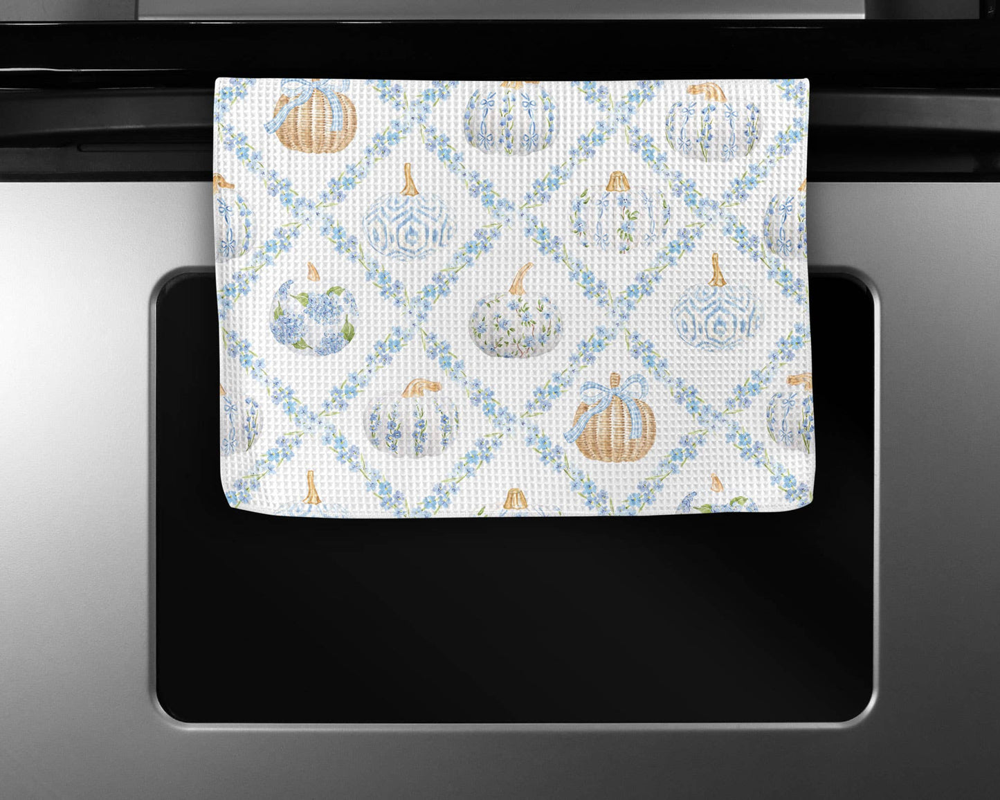 Blue Pumpkin Chinoiserie Fall Coastal Kitchen Towel Waffle