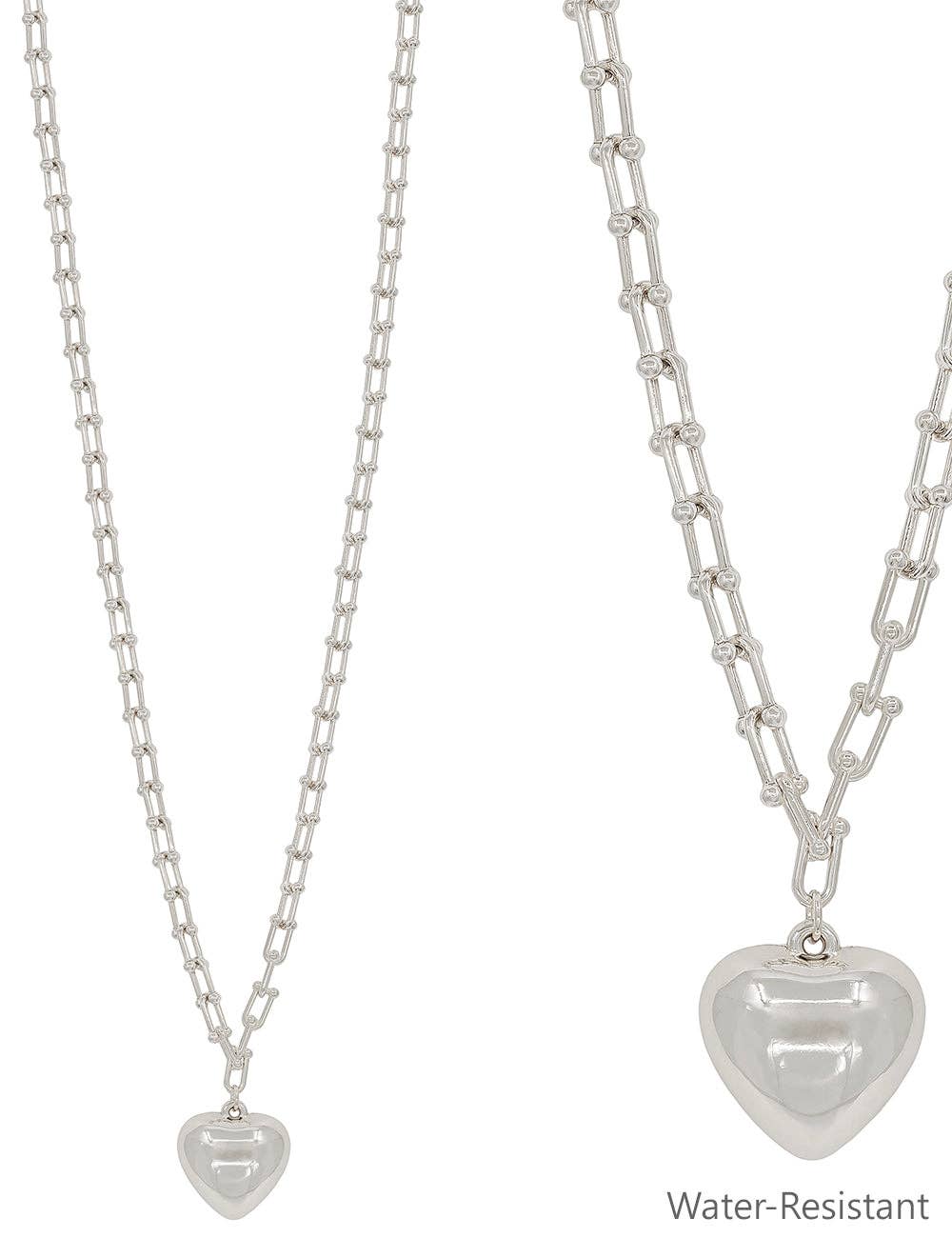 Water Resistant Silver 34" Chain with Puffy Heart Drop