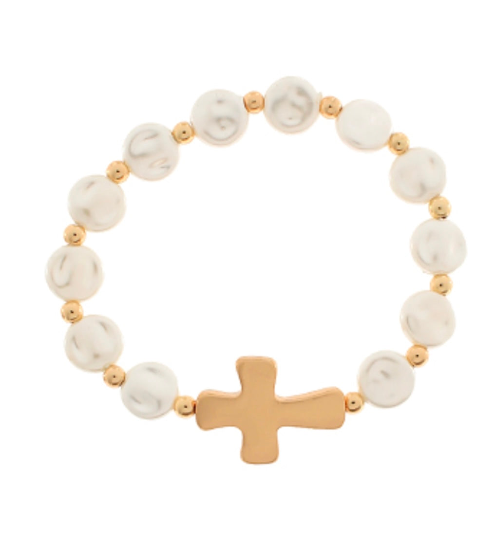 Stretchy Pearl & Cross Bracelet