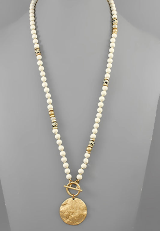 Beaded Necklace w/Hammered Coin Pendant