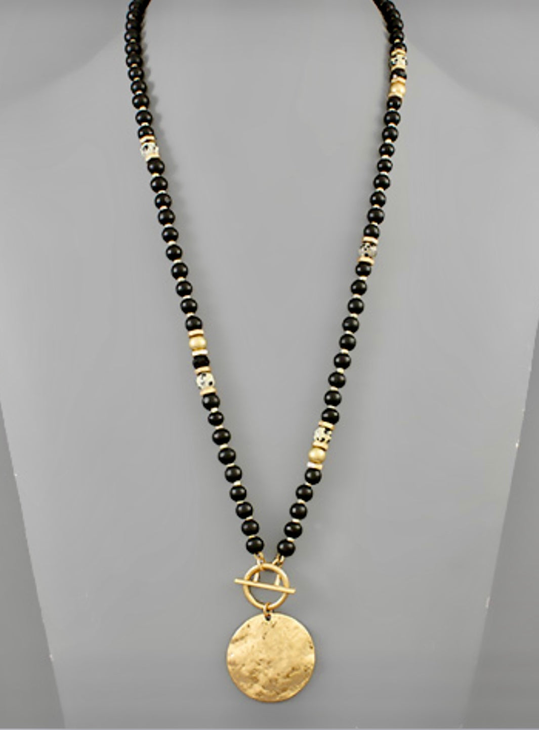 Beaded Necklace w/Hammered Coin Pendant