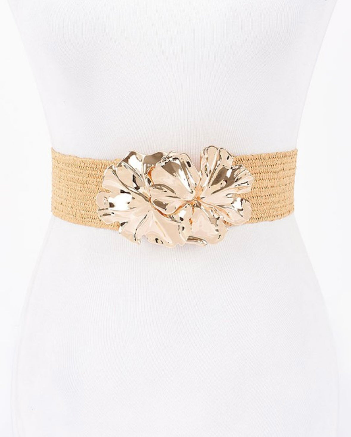 Plus Faux Straw Stretch Belt W/Flower