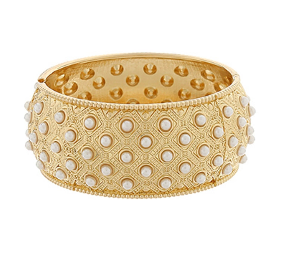 Wide Pearl & Gold Bangle