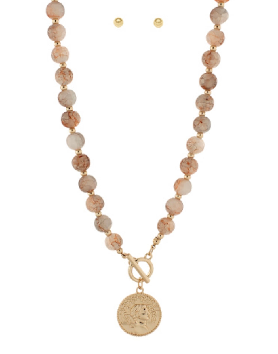 Agate Ball & Coin Pendant Necklace