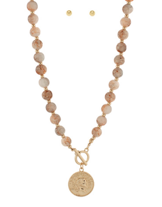Agate Ball & Coin Pendant Necklace