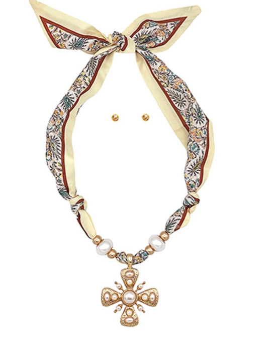Pearl Cross Pendant Scarf Necklace