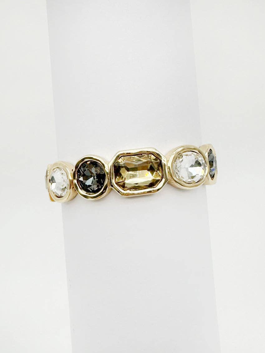 Grey, Champagne, and Clear Rectangle and Circle Crystal Stretch Bracelet