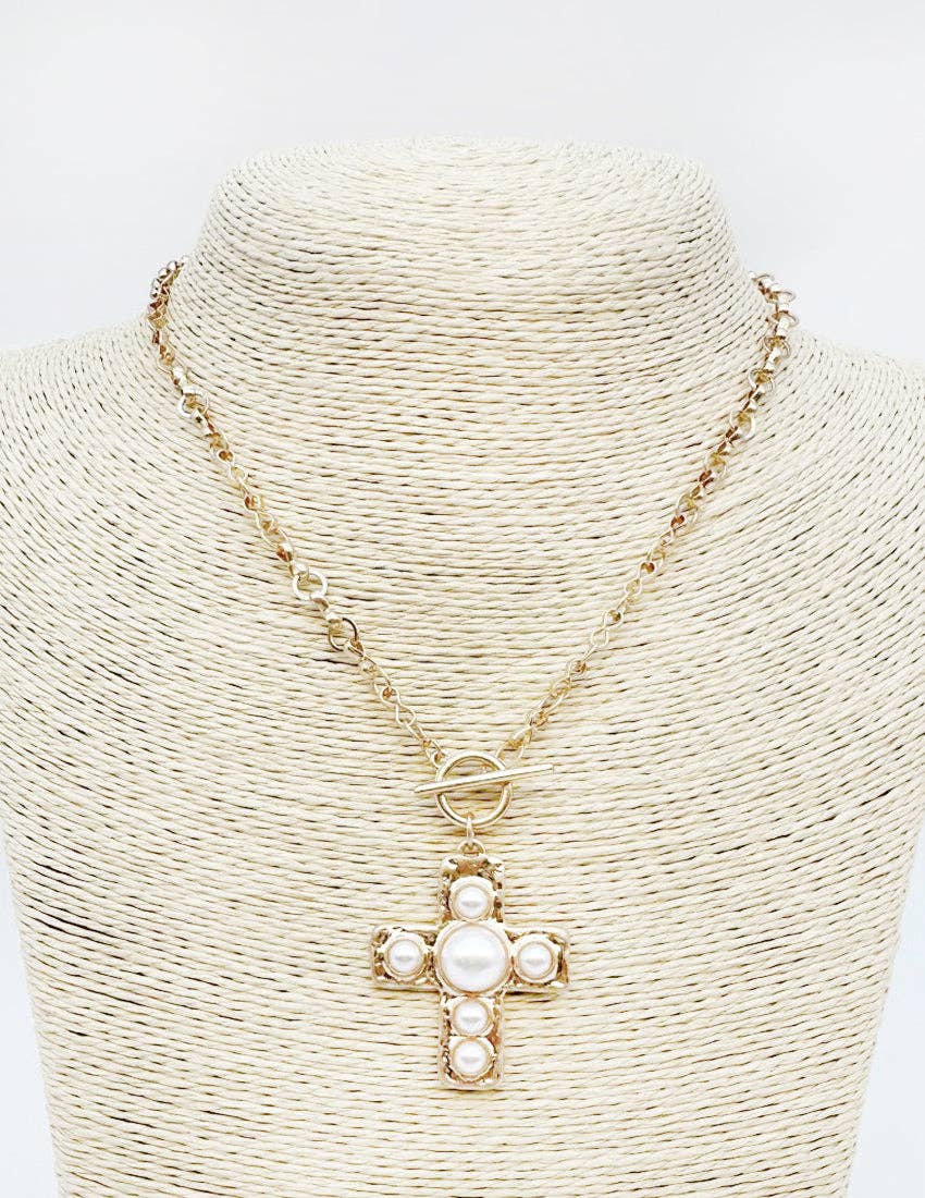 Gold Open Chain with Toggle and Pearl Studded Cross 18" Necklace