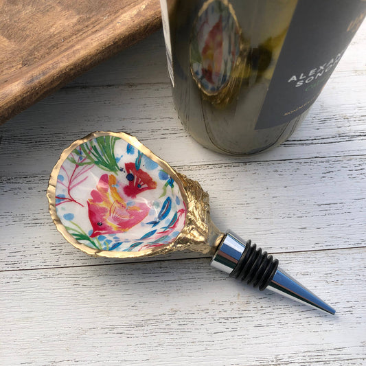 Oyster Shell Wine Stopper--Tropical Fish