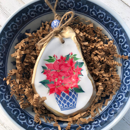 Oyster Ornament | Blue and White Porcelain Poinsettia