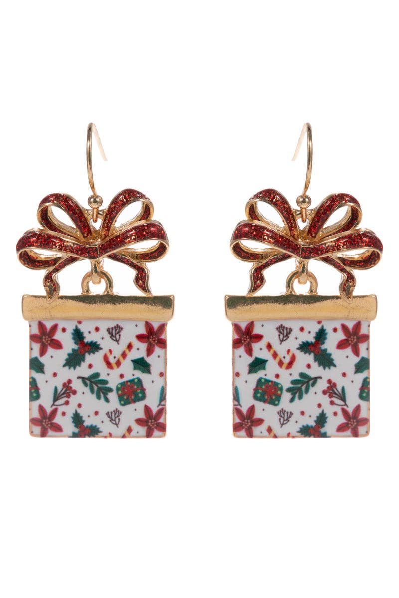 Multi Red/Green/White Color Coated Metal Present Christmas 1.5" Earring