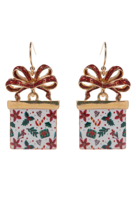 Multi Red/Green/White Color Coated Metal Present Christmas 1.5" Earring