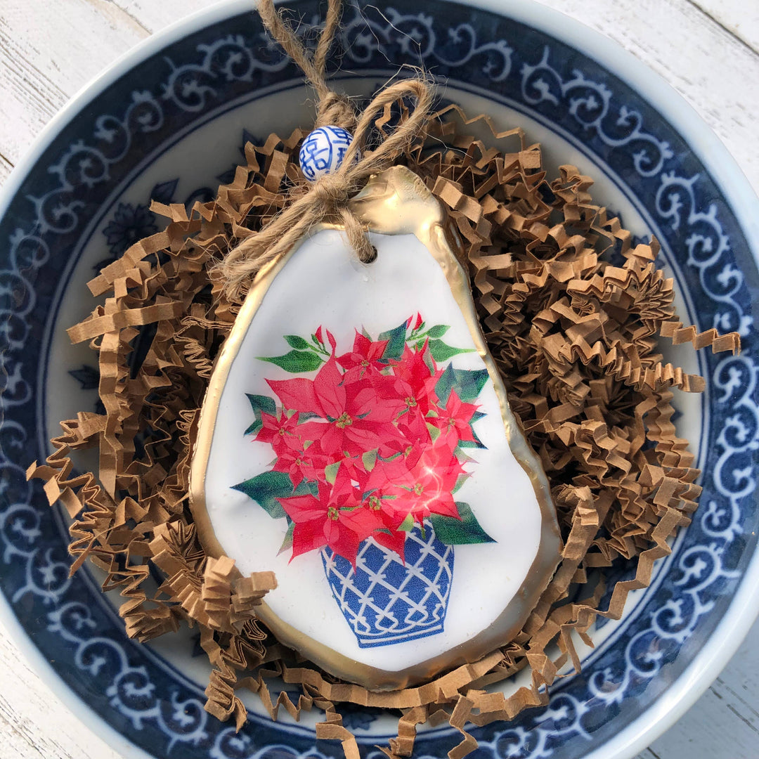 Oyster Ornament | Blue and White Porcelain Poinsettia