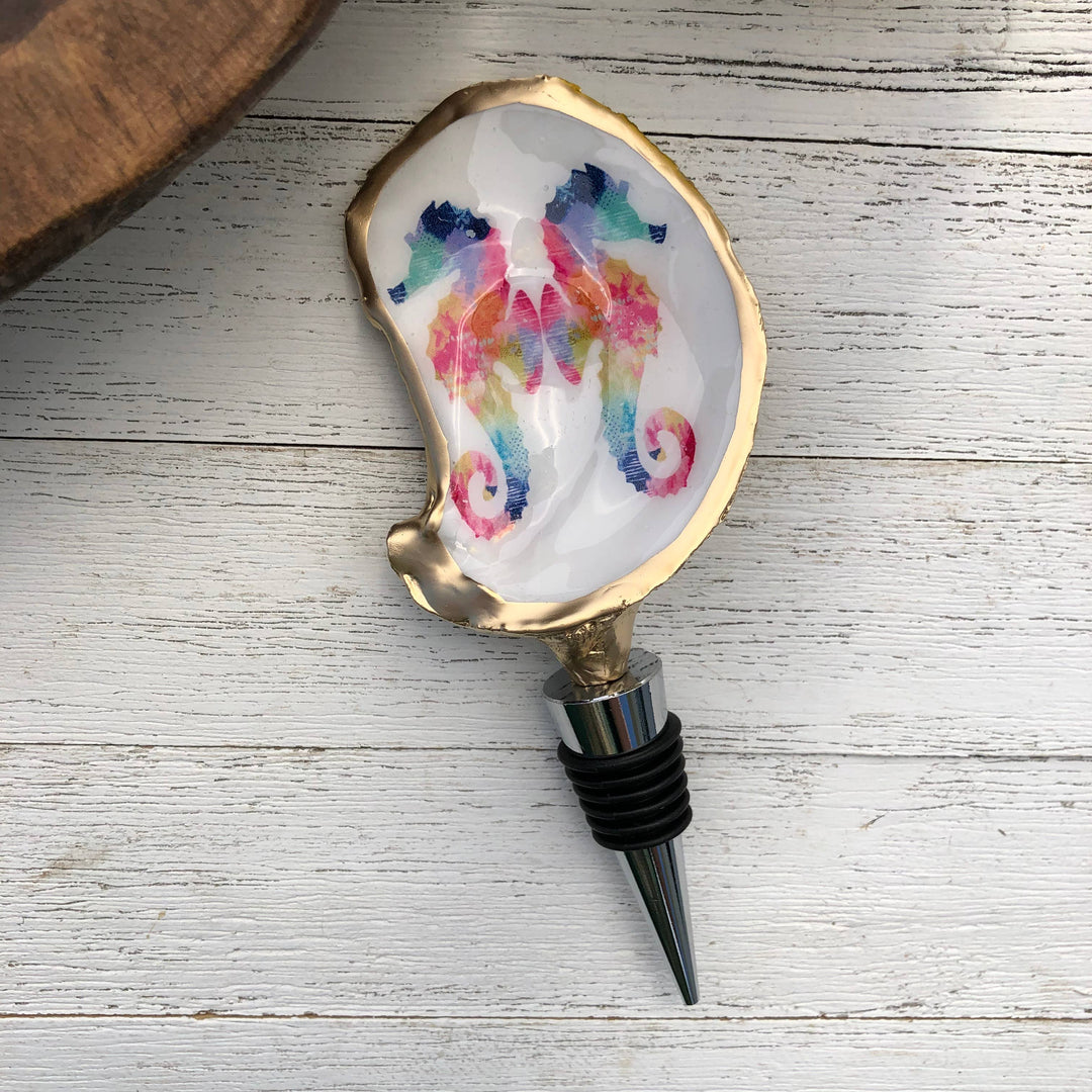 Oyster Shell Wine Stopper--Watercolor Seahorse