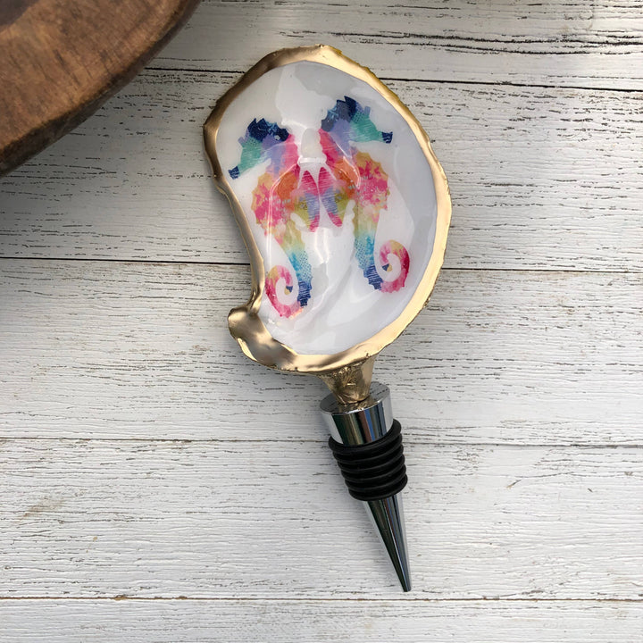 Oyster Shell Wine Stopper--Watercolor Seahorse