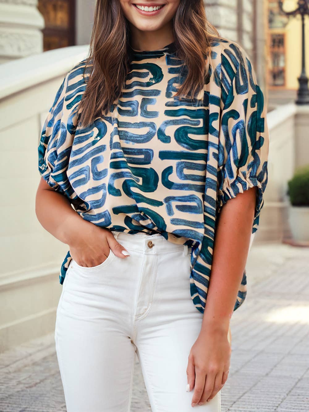 Abstract Print Round Neck Dolman Blouse