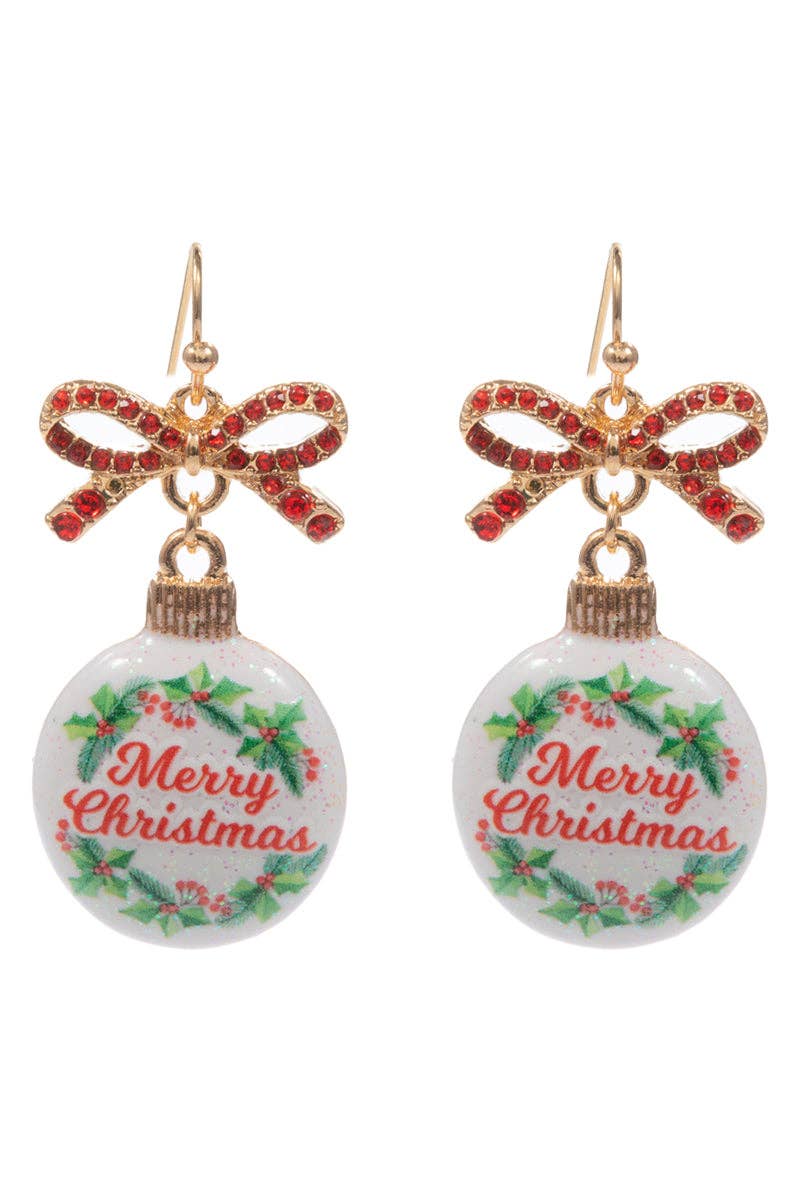 Red Bow with Merry Christmas Ornament 2" Christmas Earring