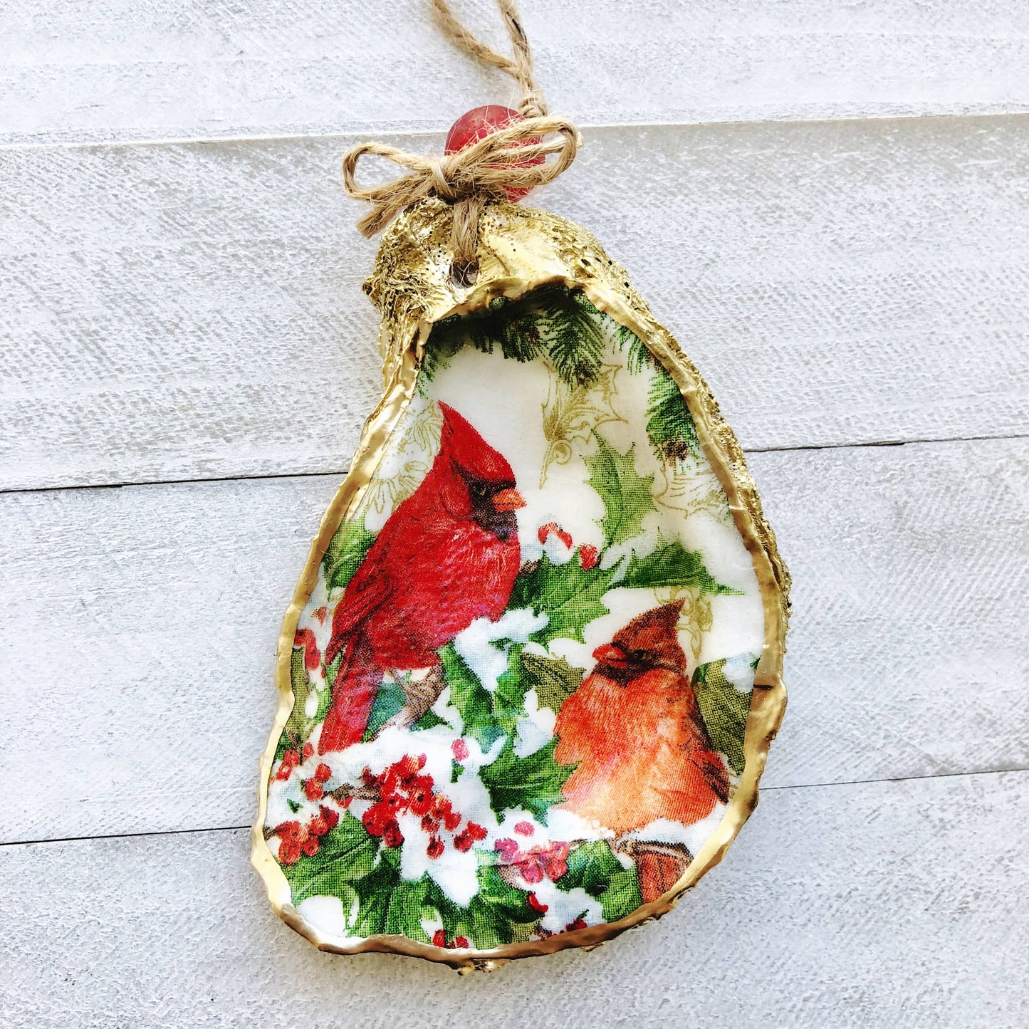 Decoupage Oyster Ornament--Cardinals