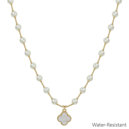 Water Resistant 6MM Pearl Beaded Chain with Clover 16"-18" Necklace