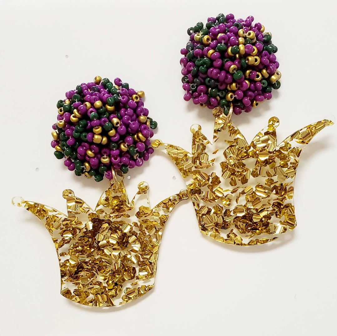 Mardi Gras Acrylic Crowns and Seed Bead Stud Earrings