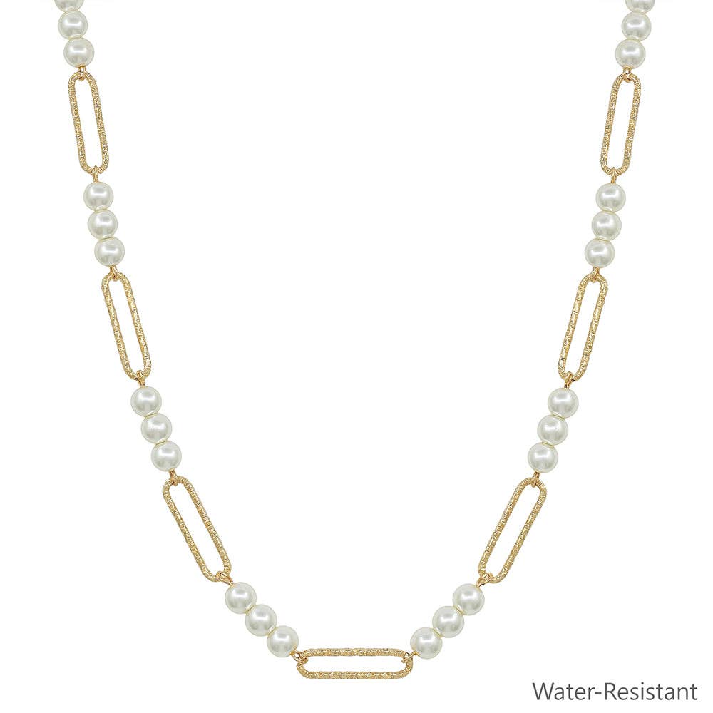 Water Resistant Pearl Beaded and Open Oval Chain 16"-18" Necklace