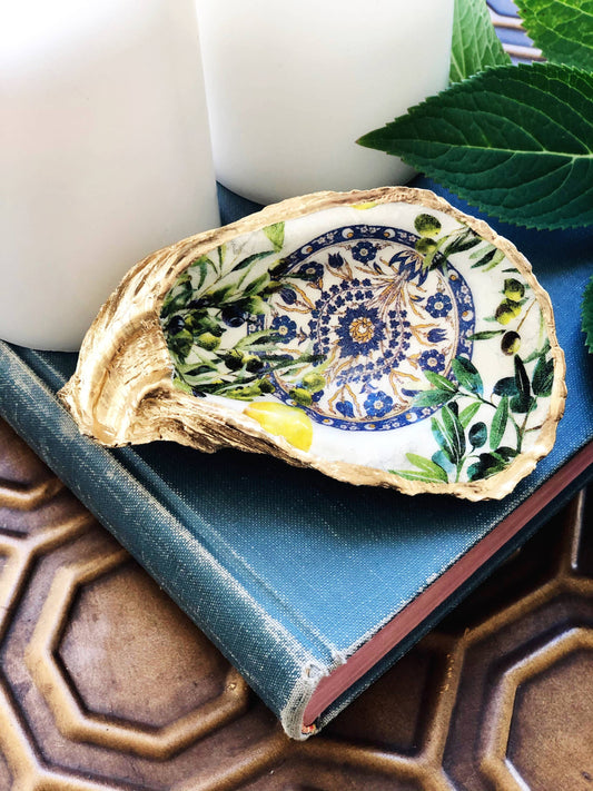 Decoupage Oyster Ring Dish--Lemons And Olives