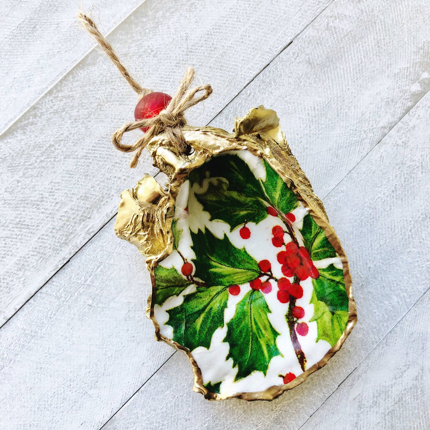 Decoupage Oyster Ornament--Holly and Berries