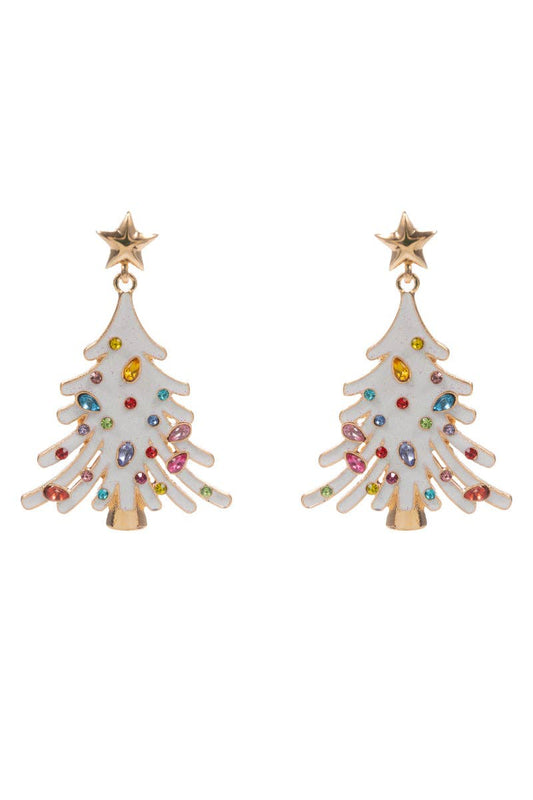 White Enamel Christmas Tree with Rhinestones 2" Earring