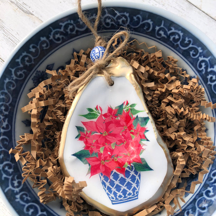 Oyster Ornament | Blue and White Porcelain Poinsettia