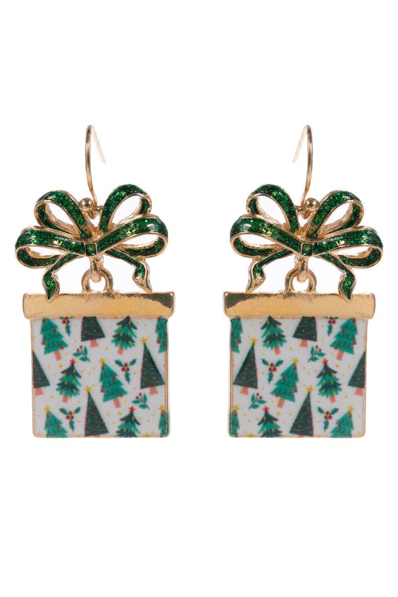 Green/White Color Coated Metal Present Christmas 1.5" Earring