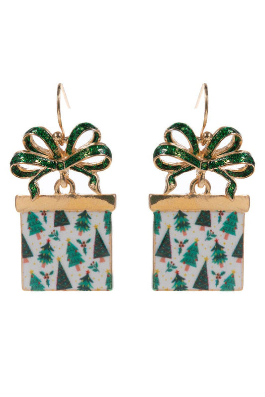 Green/White Color Coated Metal Present Christmas 1.5" Earring