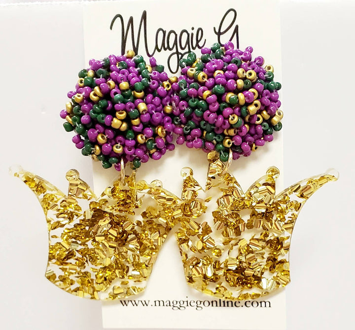 Mardi Gras Acrylic Crowns and Seed Bead Stud Earrings