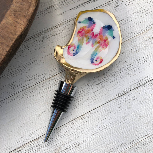 Oyster Shell Wine Stopper--Watercolor Seahorse