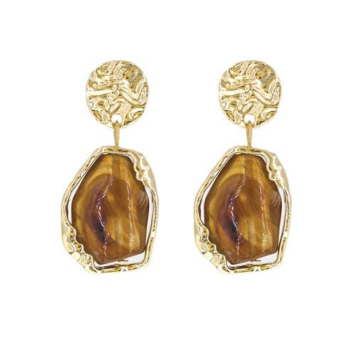 Brown Acrylic and Gold Geometric Hoop Earring