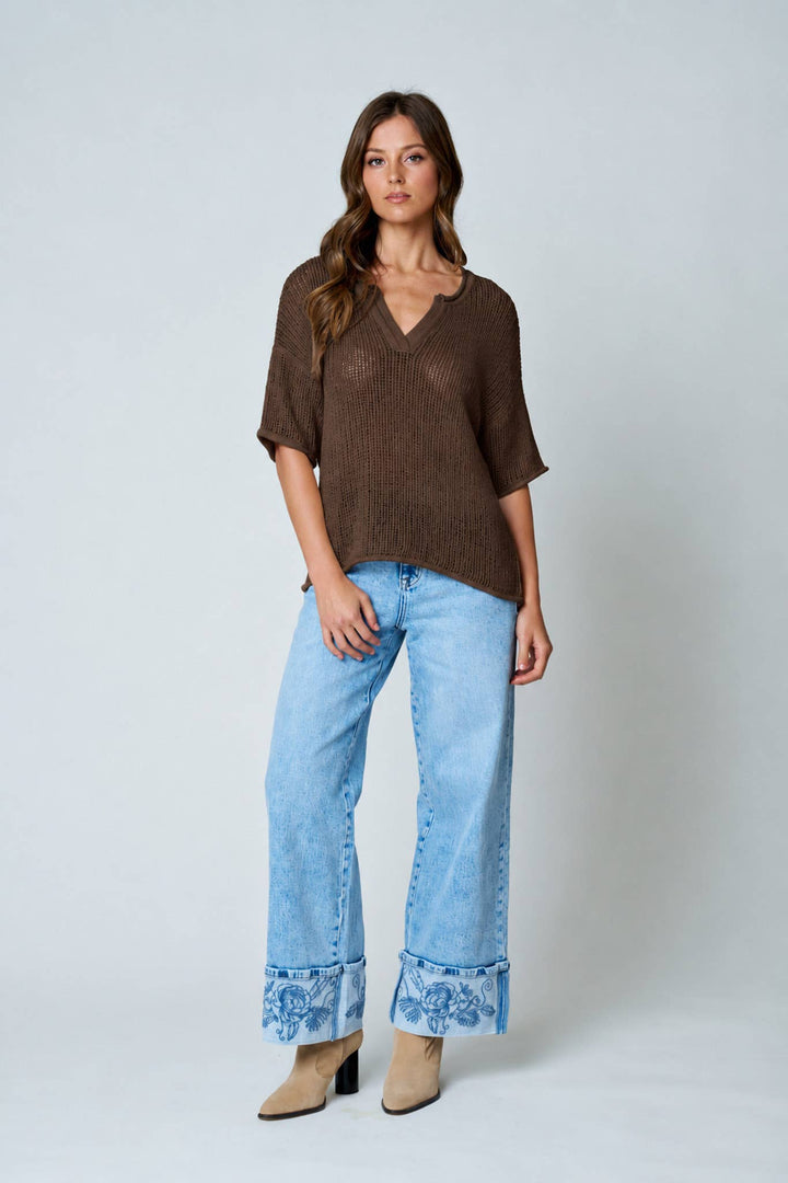 Split Neck Crochet Sweater (2 colors)