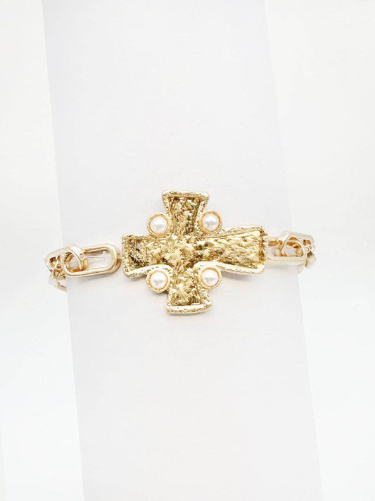 Gold Stretch Chain with Hammered Cross and Pearl Bracelets