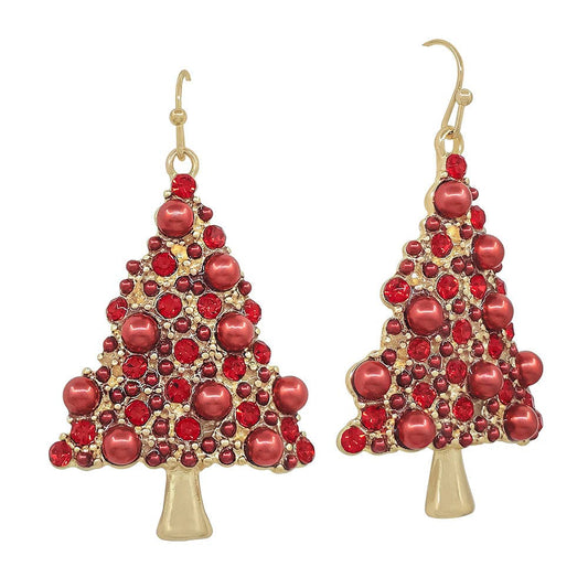 Gold Christmas Tree with Red Beads 1.75" Earring