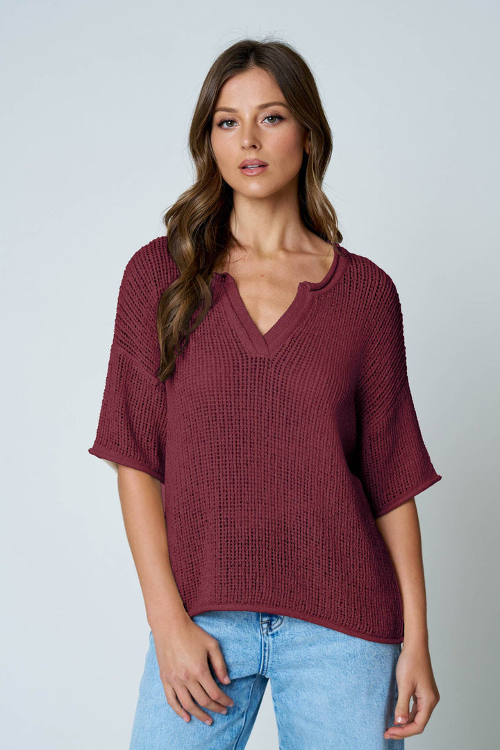 Split Neck Crochet Sweater (2 colors)