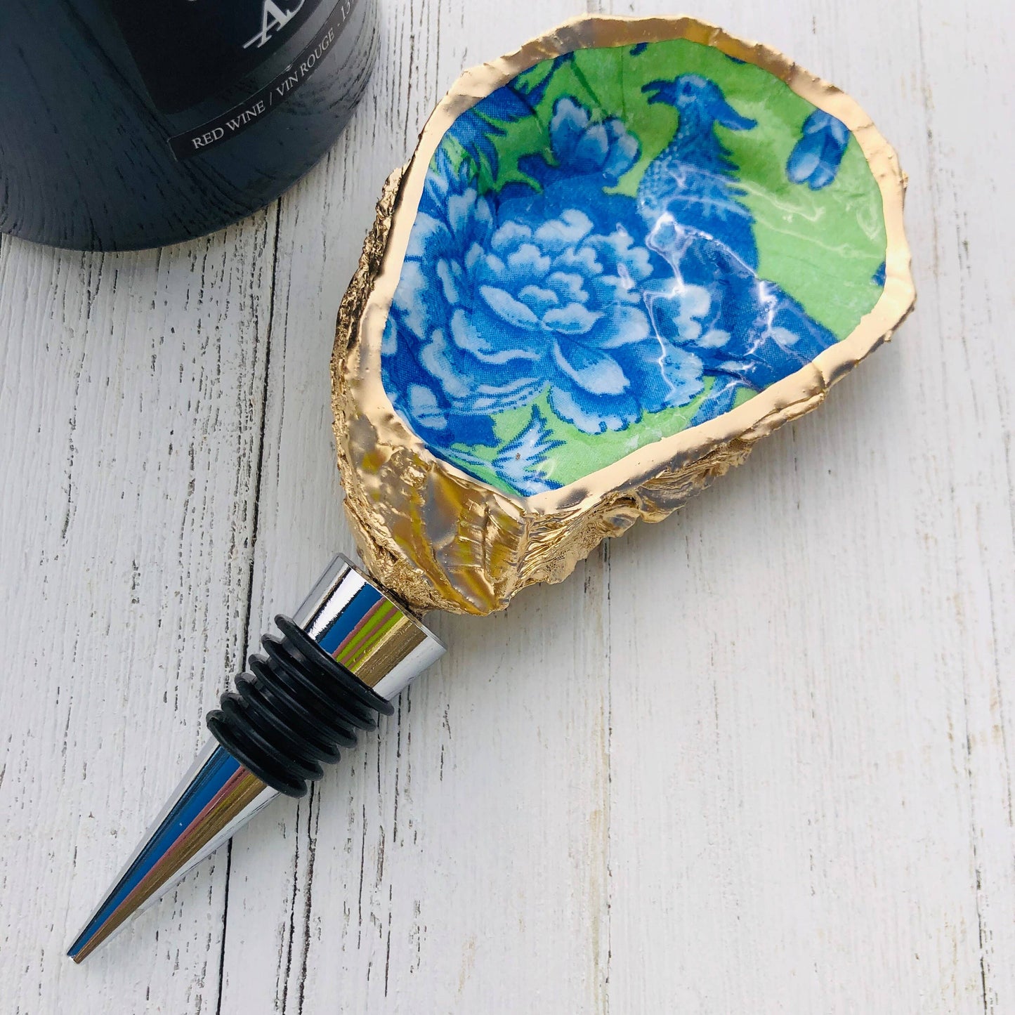 Oyster Shell Wine Stopper--Vibrant Chinoiserie