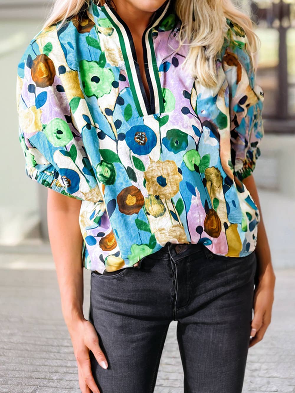 Floral Print Slit V Neck Short Sleeve Blouse